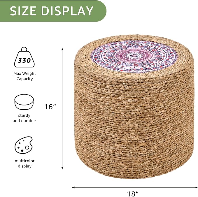 Wimarsbon Round Pouf Ottomans, Handwoven Natural Water Hyacinth Seagrass Pouffe,Outdoor Rattan Stool Accent Seat, Bohemian Coastal Home Decor (18inch Natural Cattail-Boho 4)