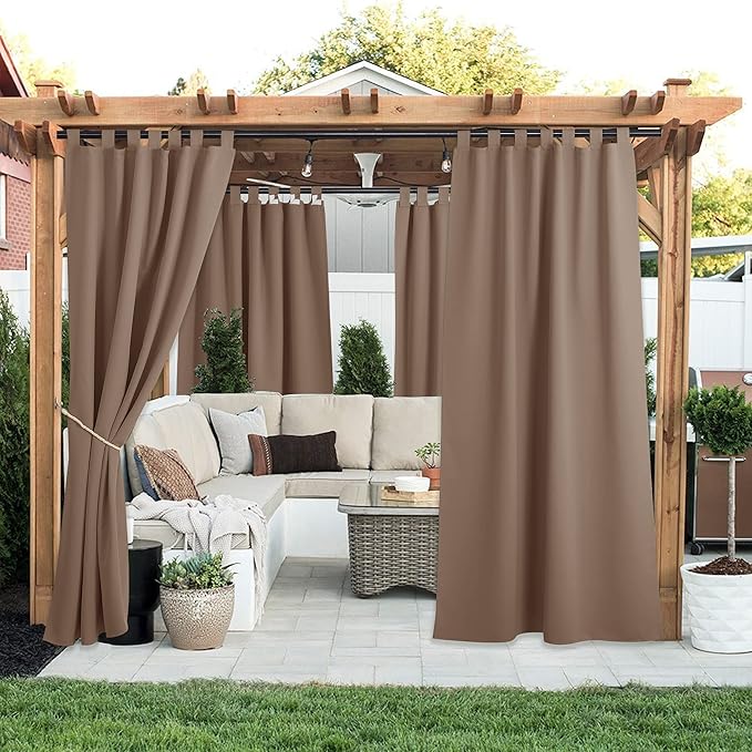 NICETOWN 2 Pieces Outdoor Curtainss for Pergola Waterproof, Self-Sticky Tab Top Blackout Indoor Outdoor Public Dividers Vertical Drapes Windproof Keep Privacy for Pool/Gazebo, W52 x L95 inch, Tan