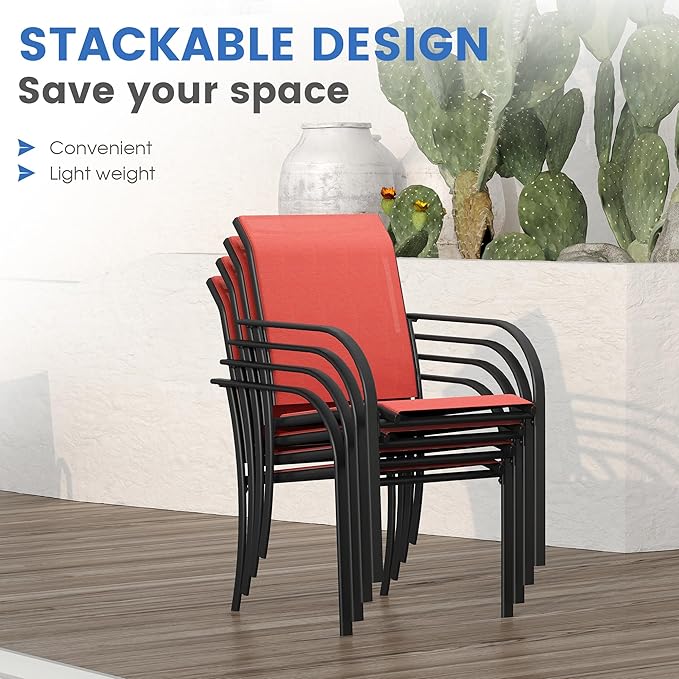 VICLLAX Patio Dining Set for 6, Outdoor Furniture Set Includes 63" Rectangle Patio Table and 6 Patio Sling Chairs, Outdoor Table and Chairs for Outsides, Black Tabletop and Red Fabric