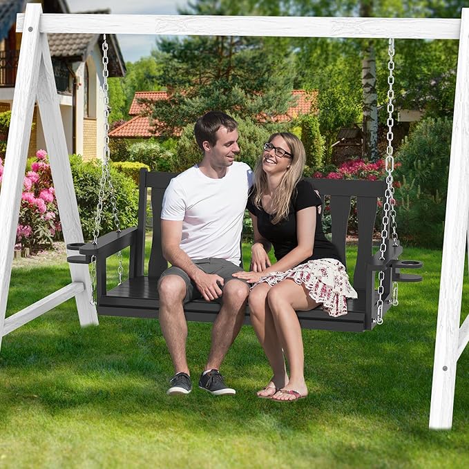 HIPS All-Weather Outdoor Hanging Porch Swing,2 Seat Hanging Swing Bench with Cup Holders,Patio Swing Chair with Hanging Chains for Courtyard & Garden