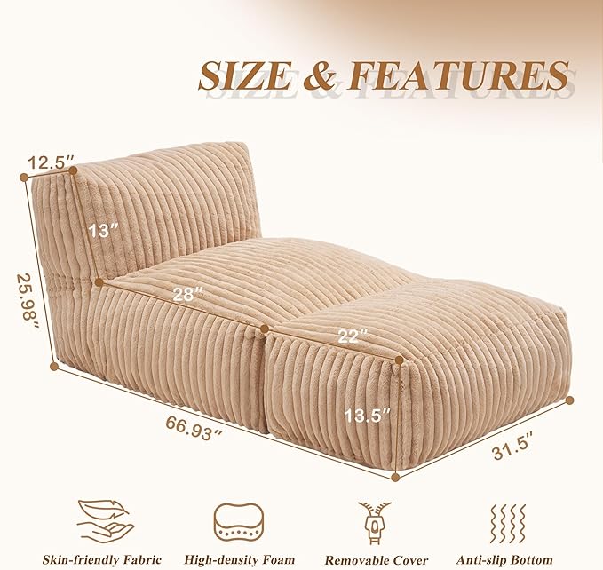 Hobestluk Big Bean Bag Lounger Chairs Large Beanbag Chair for Adults Bean Bag Sofa with Memory Foam Filled for Living Room, Bedroom or Balcony (Stripe Khaki)