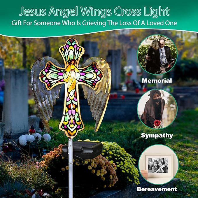 YJFWAL Solar Glass Cross Garden Stake Light, Cemetery Decorations for Grave Outdoor Lights, Easter Jesus Cross Angel Wings Sympathy Memorial Gifts, for Garden Lawn Yard Patio Decor