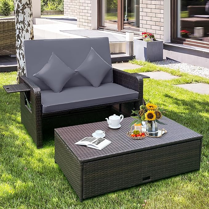 Tangkula Patio Rattan Daybed with 4-Level Adjustable Backrest, Outdoor PE Wicker Loveseat with Storage Ottoman & Folding Side Tray, Double Sunbed Lounger for Balcony, Backyard & Poolside, Grey & Brown