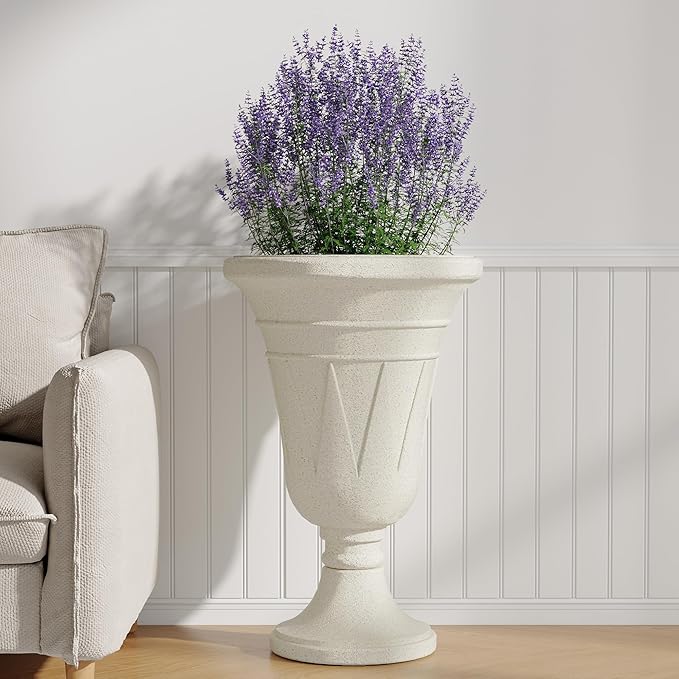 23" Tall Planters for Outdoor Plants Set of 2, Planter with Drainage Holes and Trophy Design, Large Outdoor Planters for Porch, Garden, Beige