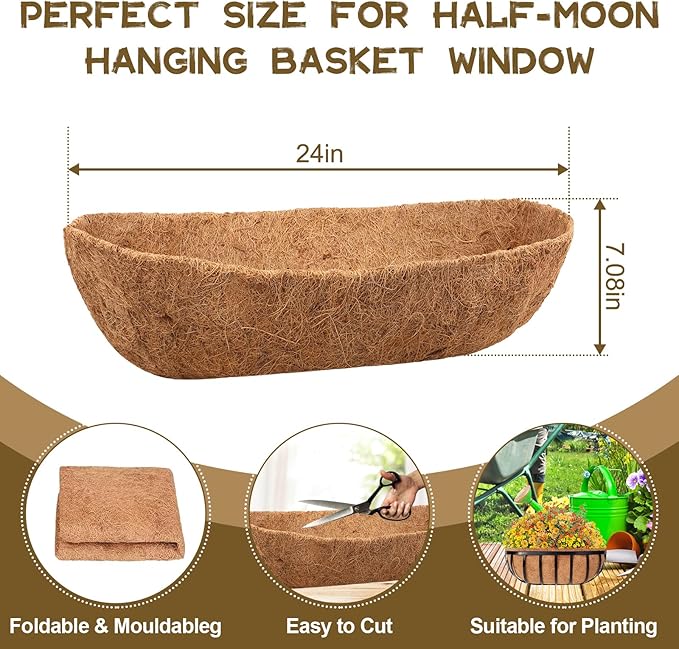 Riare 4 Pack 24 Inch Trough Coco Coir Liners for Planters, Pre-Formed Coconut Coir Replacement Liner Natural Coco Fiber Window Box Liners for Wall Planter, Window Basket Deck Railing Planter