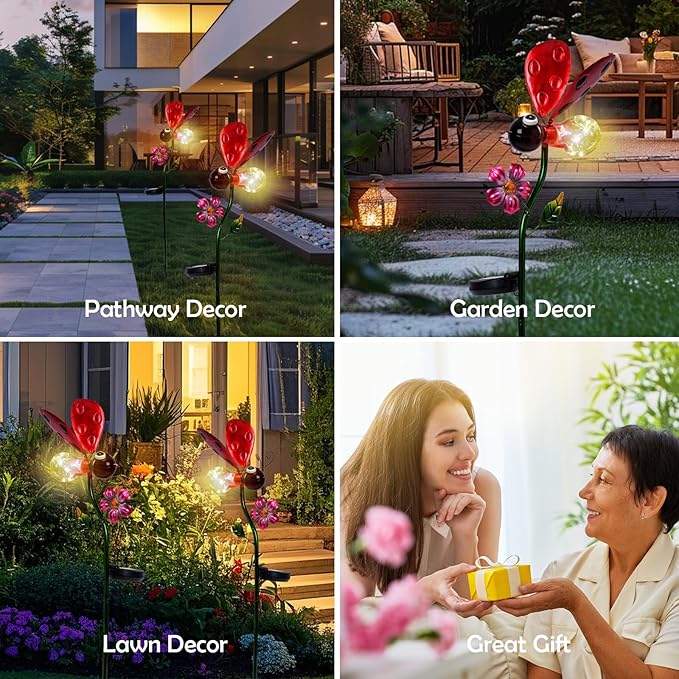 Decorative Solar Lights Outdoor Solar Ladybug Stake Lights Metal Decorative Garden Lights Outdoor Waterproof Stakes for Pathway Yard Lawn Decoration Mothers Day Mom Gifts
