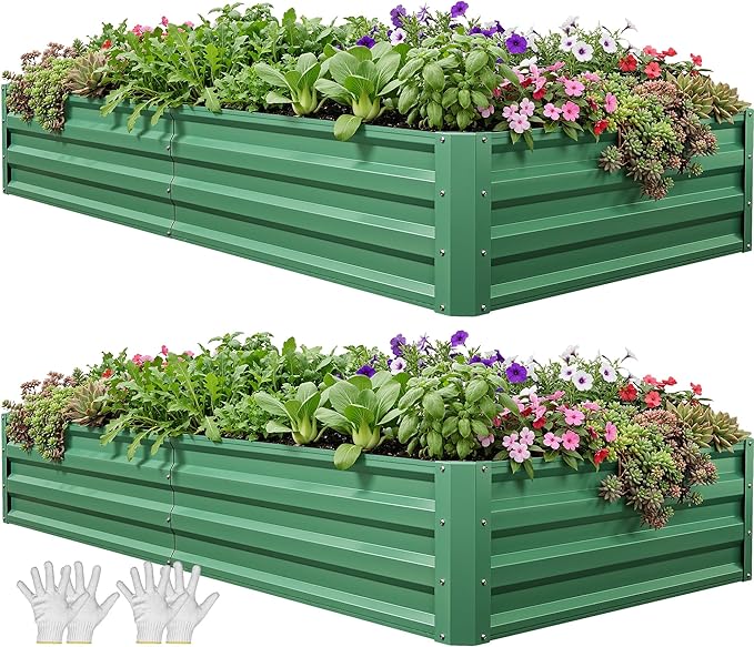YITAHOME 6x3x1ft 2pcs Large Raised Garden Bed Kit, Galvanized Metal Planter Box with Gloves, Ground Nails, Support Rod, Outdoor Above Ground Planters for Plants Vegetables Flowers, Green