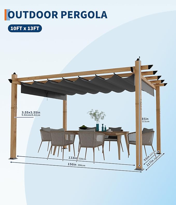 GarveeLife 10 x 13 ft Wood-Grain Aluminum Pergola with Retractable Waterproof Canopy UV Protection Rust-Resistant Sturdy 4-Side Base for Patio Garden Backyard Deck (Gray)