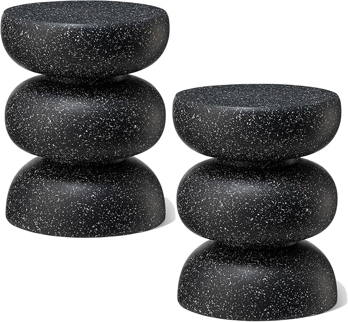Glitzhome Outdoor Side Table Set of 2, 18" H Decorative Garden Stool MgO Faux Terrazzo End Table, Heavy Duty Indoor Outdoor Round Planter Stand for Living Room Bedroom Patio Deck Poolside,Black