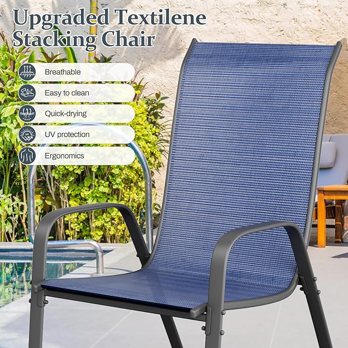 TLSUNNY 7 Pieces Patio Dining Set, Outdoor Table and Chairs W/1.69″ Umbrella Hole, 30"X 55" Table and Stackable Textilene Chair, All Weather Patio Furniture Set (Umbrella not Included) (Navy Blue)