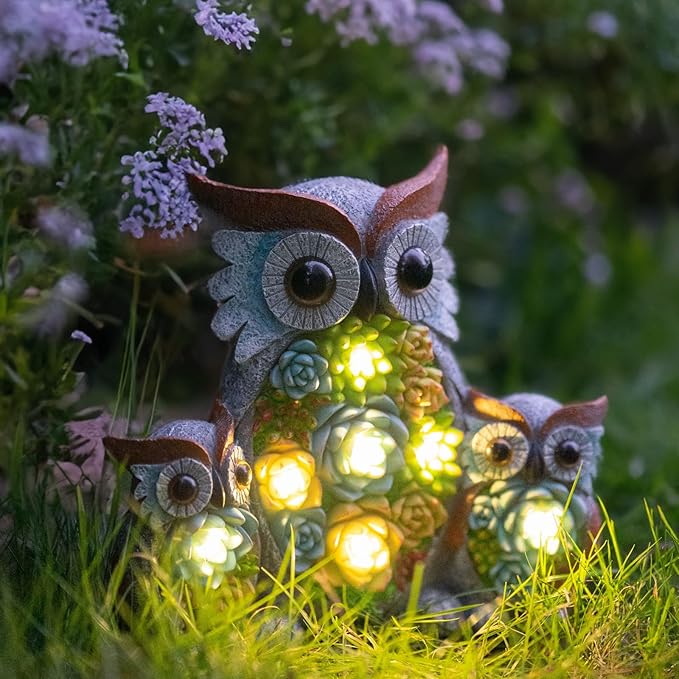 Solar Garden Statue Owl Decor – Cute Owl Family Figurines with LED Succulent Lights, Waterproof Outdoor Yard Art Ornaments for Patio, Lawn, Porch, Housewarming Gifts for Women Mom