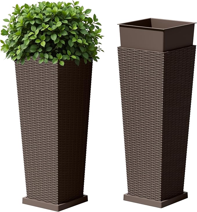 Devoko Resin Tall Planters with Tray for Outdoor Plants Set of 2, Large Taper Outdoor Planter Pots with 4 Drainage Holes, Flower Pots Modern Decor for Porch, Patio, Backyard, Garden(Brown, 32")
