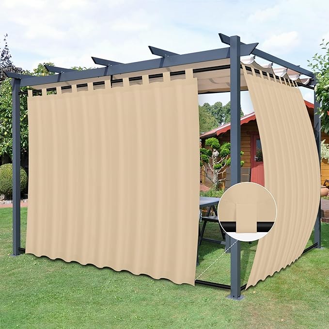 Easy-Going Outdoor Patio Curtains Detachable Tab Top Windproof Weatherproof Curtain for Cabana, Porch, Pergola and Gazebo, Tab Bottom Drape, 2 Panels, 110W x 96L inch, Beige