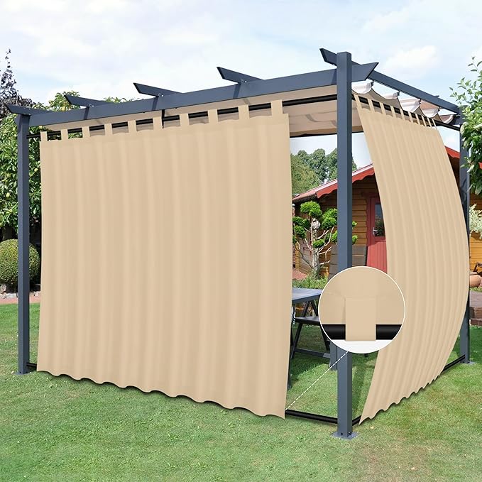 Easy-Going Outdoor Patio Curtains Detachable Tab Top Windproof Weatherproof Curtain for Cabana, Porch, Pergola and Gazebo, Tab Bottom Drape, 2 Panels, 110W x 120L inch, Beige