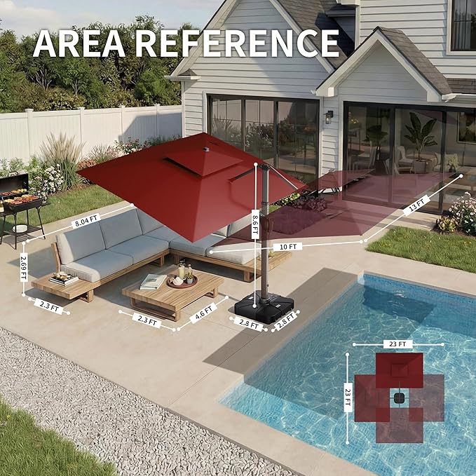 10 X 13 FT Cantilever Patio Umbrella with Led Lights and Base Included Outdoor Heavy Duty Double Top Rectangle Offset Umbrellas with 360-degree Rotation for Pool Deck Backyard, Wine Red