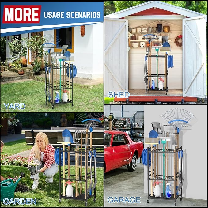 Garden Organizer With Wheels, Yard Tower Rack for Garage Storage, Up to 35 Long-Handled Tools, Sturdy Metal Steel Holder With 3 Hooks, Outdoor, Black