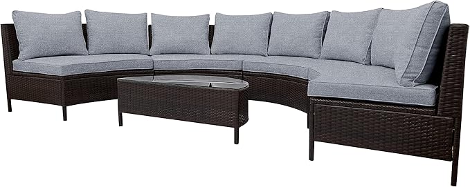 Merax 5-Piece Outdoor Sectional Sofa Set, All-Weather PE Wicker Patio Furniture with Tempered Glass Table, Half-Moon Conversation Set for Garden, Deck, Backyard Living Area,Grey