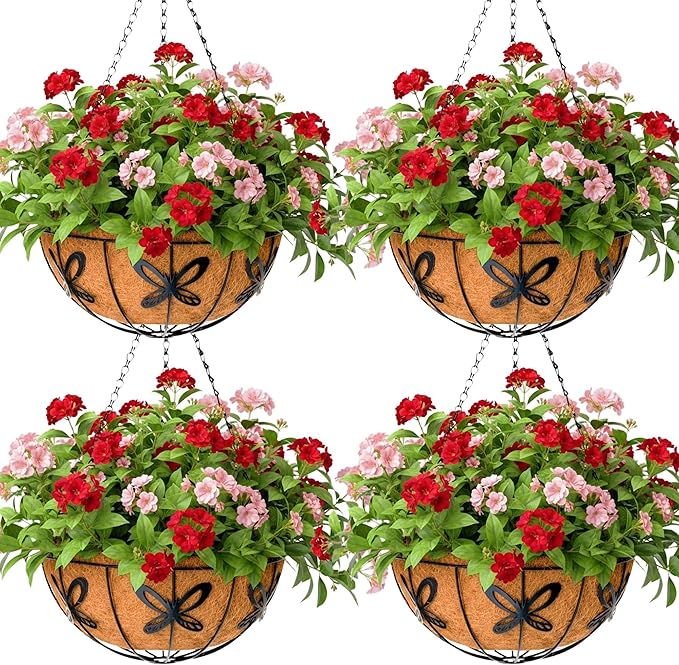 12 inch Metal Hanging Baskets For Plants Outdoor 4 Pack Round Metal Wire Hanging Basket Planter with Coco Fiber Liners Chain Round Wire Plant Holder for Garden, Patio, Deck, Porch Plants Flower Potss