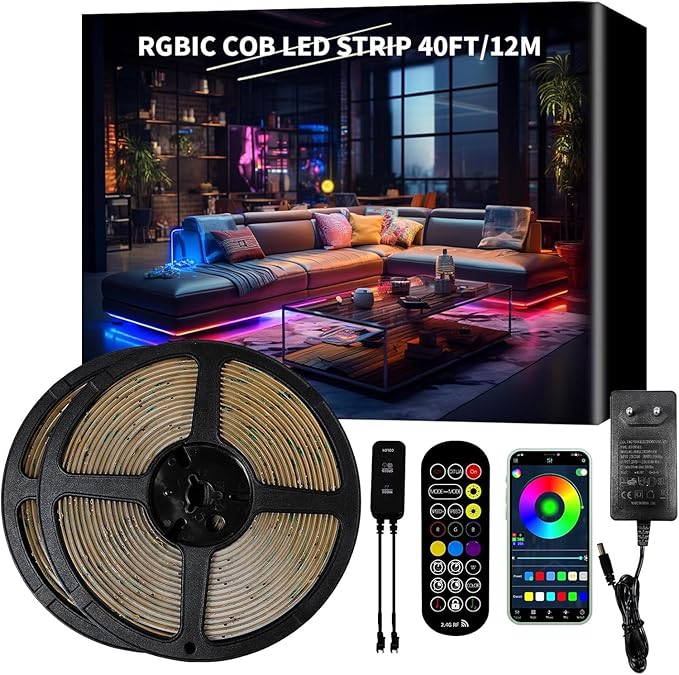 COB LED Strip Light 40ft/12m (1 Roll) Warm White 3000K High Lumen CRI 90+ with UL Listed Power Adapter Remote for Bedroom Counter Under Cabinet Kitchen Projects