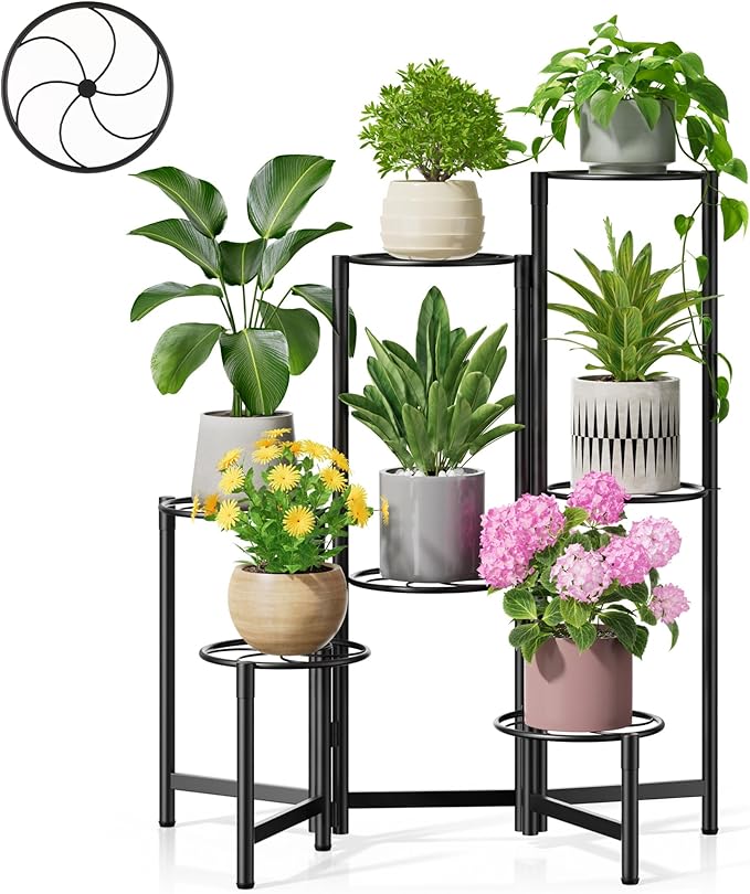 Corner Shelf Patio 7 Tier Metal Plant Stand Indoor Outdoor Tall Metal Flower Pot Stands for Multiple Plants Heavy Duty Plant Shelf Black Kite