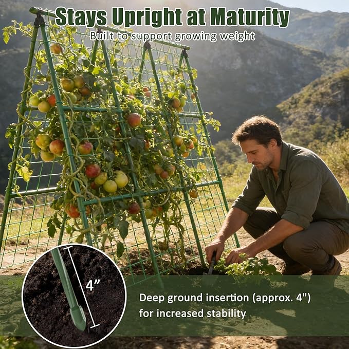 Miory Cucumber Trellis for Raised Beds, 48 x 48 Inch Metal A-Frame Garden Trellis for Climbing Plants Outdoor with Climbing Net, Plant Support for Cucumber Tomato Bean Pea