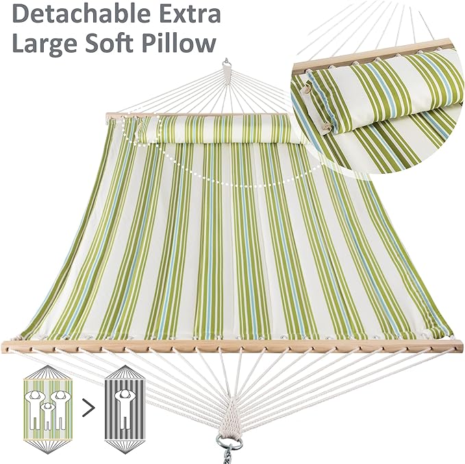 SUNCREAT Hammock 2 Person Heavy Duty, Double Hammocks for Trees, 2 Person Hammock with Spreader Bar, Green&Beige