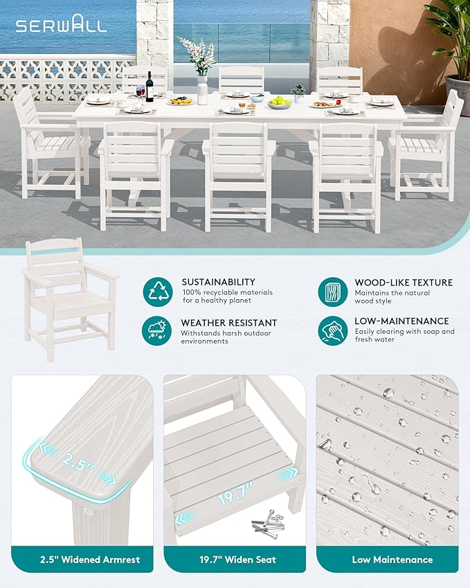 SERWALL Outdoor Dining Chairs Set of 4, All-Weather HDPE Patio Chair with 19.7" Widened Seat, for Backyard, Garden, White