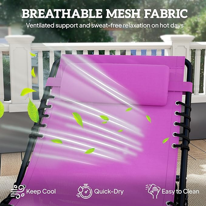 Outsunny Folding Chaise Lounge Chair Set of 2, Patio Sun Tanning Chair, Outdoor Chaise Lounger with 4-Position Reclining Back, Breathable Mesh Seat for Beach, Poolside, Yard, Purple