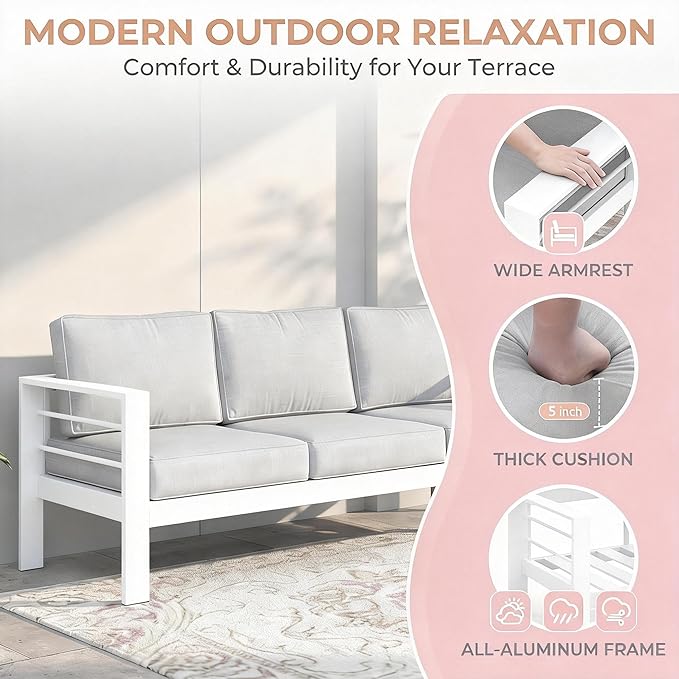 Kiss the Water Outdoor Couch Aluminum Patio Furniture Sofa, 3 Seat All-Weather Metal Patio Couch with 5" Thick and Soft Cushion and Wide Arm, Outdoor Sofa for Balcony, Porch