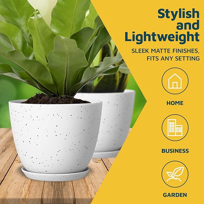 White Gray Plant Pots with Drainage Holes & Saucers 5 Pack, Indoor & Outdoor Stackable Space-Saving Planters for Houseplants & Flowers, (7", 6.7", 6", 5.3", and 4.8" Inches), Durable & Weatherproof
