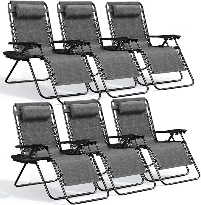 Nestl Zero Gravity Chairs Set of 6, Patio Lounge Chair Outdoor with Pillows & Cup Holder Trays, Adjustable Steel Mesh Reclining Camping Chair, Folding Patio Lawn Chair for Deck, Beach, Yard - Grey