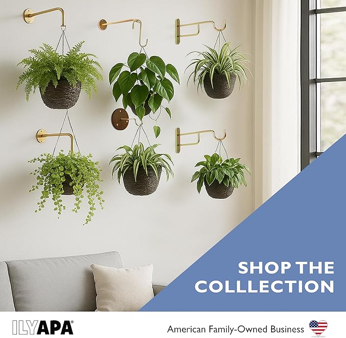 Ilyapa 3 Pack Metal Wall Plant Hangers - 5 Inch Plant Hanger for Indoor - Rustic Brass Finish Hooks for Hanging Plants, Baskets, and Macrame - Indoor Hangers for Plants, Lanterns or Wind Chimes