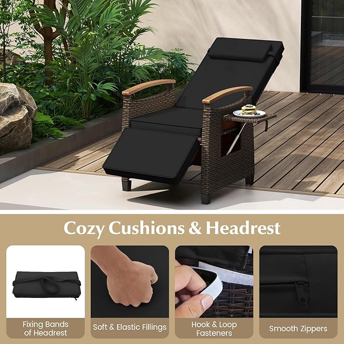 RELAX4LIFE Rattan Outdoor Recliner Chair - Wicker Chaise Lounge Chair w/Adjustable Back & Footrest, Acacia Wood Armrests, Flip Side Table, Cushion, Reclining Patio Chair for Pool Yard (2, Black)