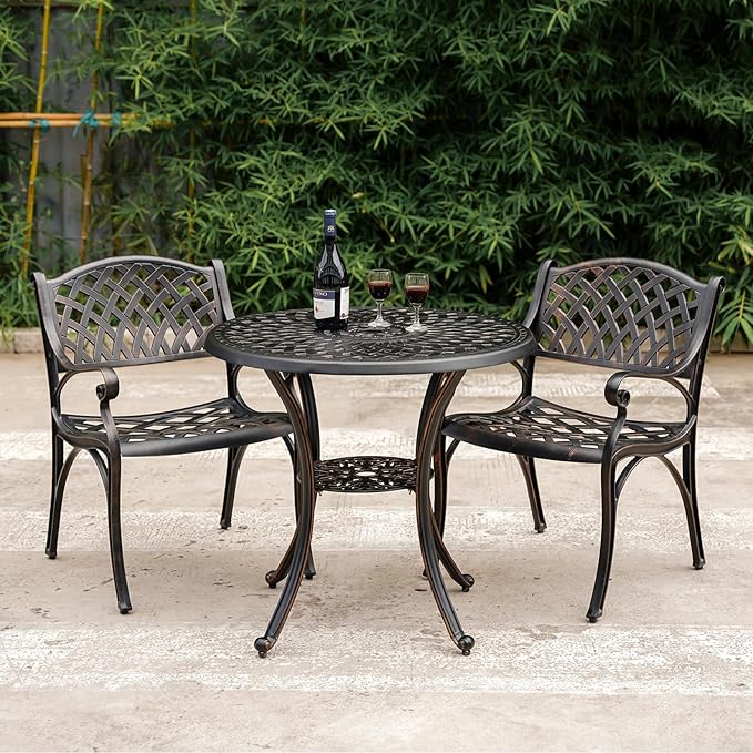 31" Round Patio Dining Table with Umbrella Hole, Cast Aluminum Bistro Table Outdoor Side Table for Backyard, Garden, Patio, Porch