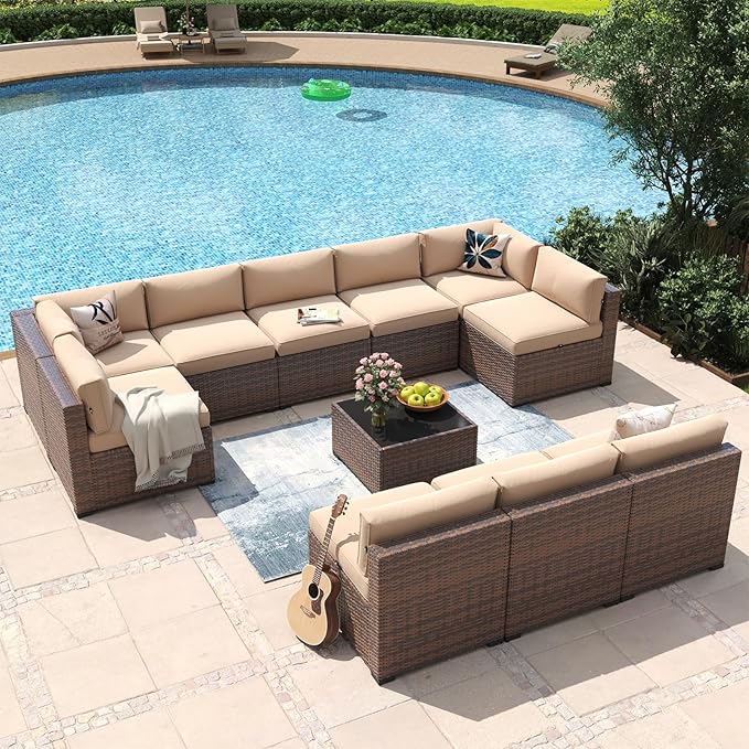Aoxun 11 Piece Patio Furniture Set Wicker Rattan Patio Conversation Set Outdoor Sectional Sofa Set with Coffee Table and Thickened Cushions, Beige(Waterproof Cover Included)