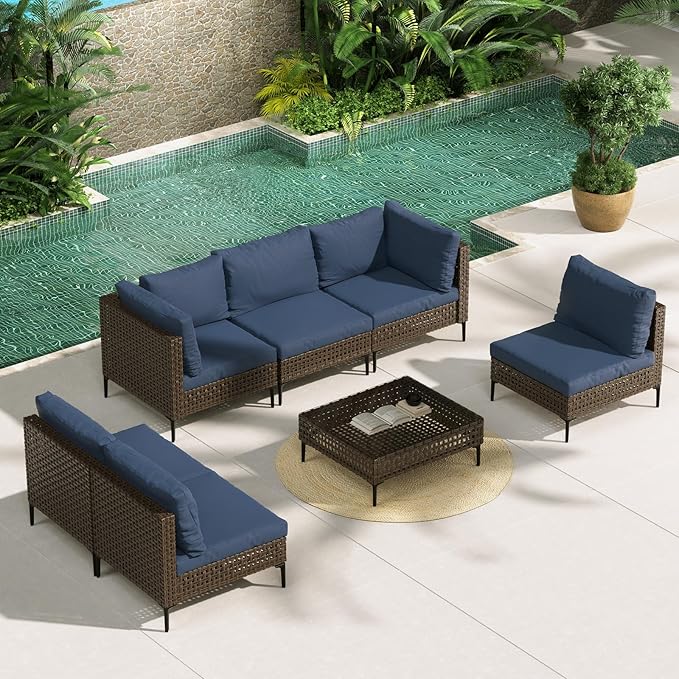 Grand patio Wicker Patio Furniture Set, All Weather Outdoor Sectional Sofa with Blue Thick Cushions and Coffee Table, 7 Pieces Sectional, Brown