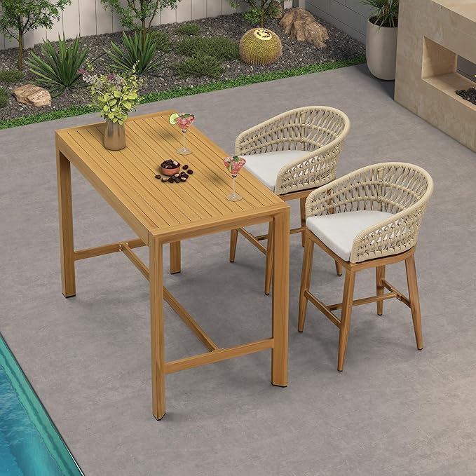 PURPLE LEAF Outdoor Rattan 24" Counter Height Bar Stools Chair Set of 2, Modern Upholstered Patio Bar Stool with Backrest for Indoor and Outdoor, Kitchen Island, Teak