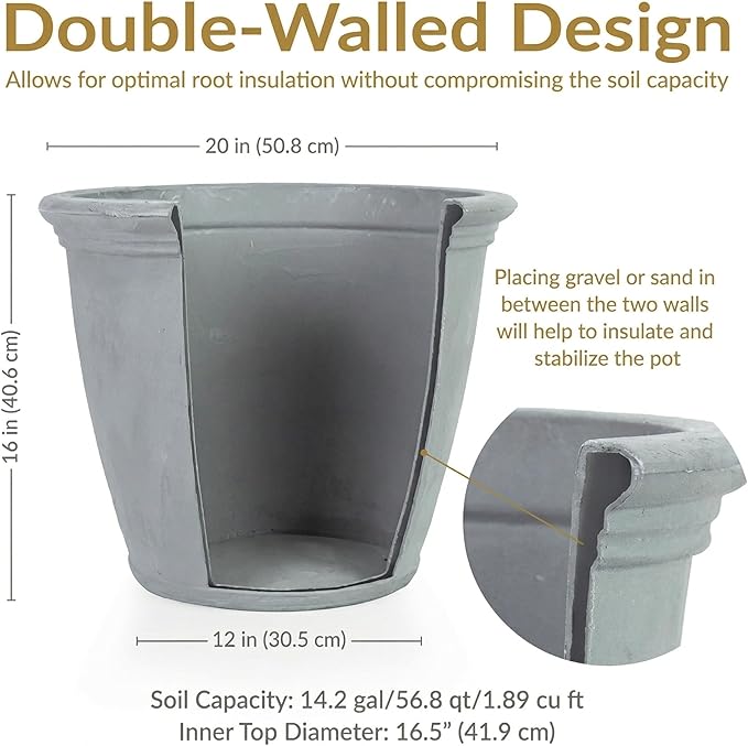 Sunnydaze 20-Inch Anjelica Large Plastic Pot for Plants - Outdoor Double-Walled Large Plastic Planter with Drillable Drainage Holes - Light Gray - 2pk