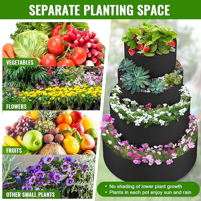 8 Pcs Plant Grow Bags 4 Tiered Strawberry Planter Tower Fabric Raised Garden Beds, 39 Inch Nonwoven Strawberry Pyramid Planter for Vegetables Flower Herbs Gardening Outdoor Growing (Black)