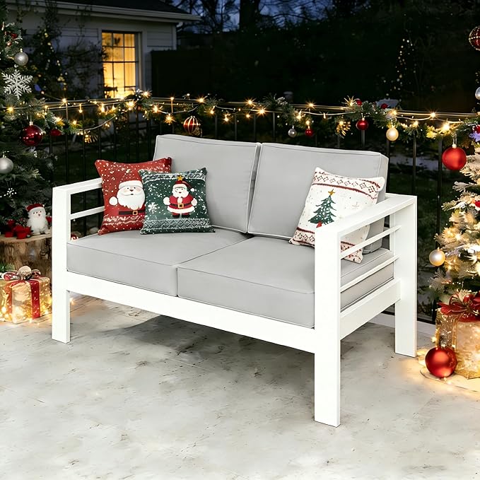 Kiss the Water Outdoor Patio Furniture Loveseat Sofa, All-Weather Metal Aluminum Patio Couch with 5" Thick and Soft Cushion and Wide Arm, Outdoor Couch for Balcony, Porch, Backyard