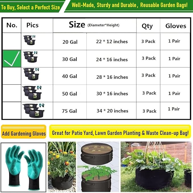 3-Pack 30 Gallon Thickened Plant Grow Bags Large (24x16 in) Heavy Duty Garden Bag Fabric Plant Pots for Tomato,Potato Planter,Flower Pots,Herbs Veggies Planting,Barrel Planter,Leaf Bag,Yard Waste Bags