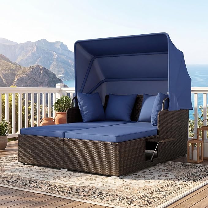 Tangkula Patio Rattan Daybed with Retractable Canopy, Outdoor Wicker Sunbed with 2 Foldable Side Tables, Thick Seat & Back Cushions, Outside Double Daybed for Garden, Backyard, Porch, Navy & Brown