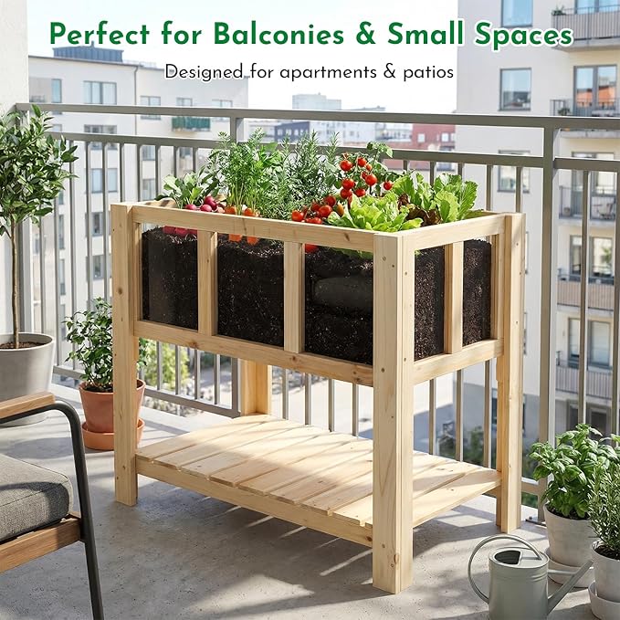 Raised Garden Bed with Transparent Acrylic Side Panels, Elevated Wooden Planter Box with Shelf for Vegetables, Herbs & Flowers,Outdoor Raised Garden Planter for Patio, Balcony & Backyard