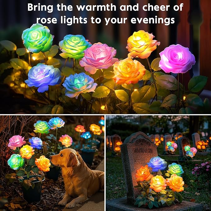 Solar Rose Lights Outdoor: 10 Pack IP65 Waterproof 7-Color Changing LED Flower Stakes for Garden Pathway Patio Lawn Decorative - Auto On Off 10H+ Lighting