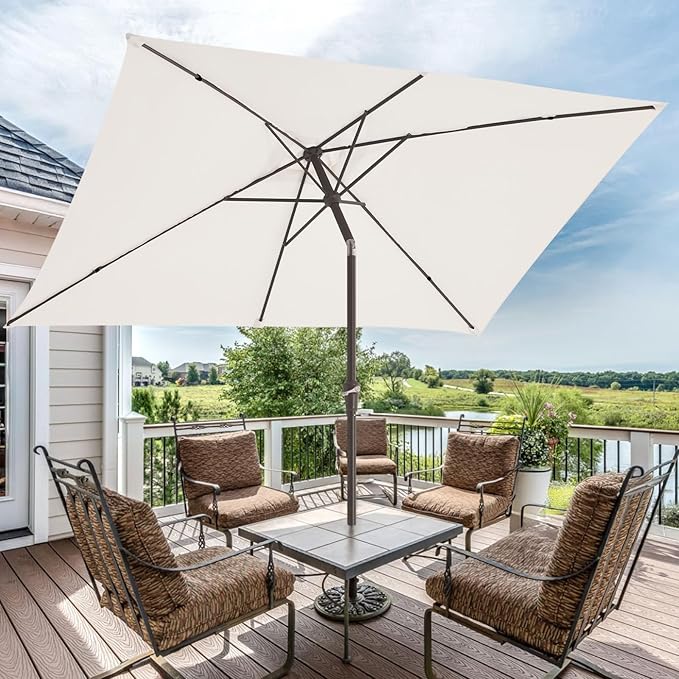 JEAREY 6.5x10 ft Rectangular Patio Umbrellas Rectangle Outdoor Umbrella with Push Button Tilt and Crank, Market Table Umbrella 6 Sturdy Ribs UV Protection for Poolside Garden Backyard Deck, Cream White