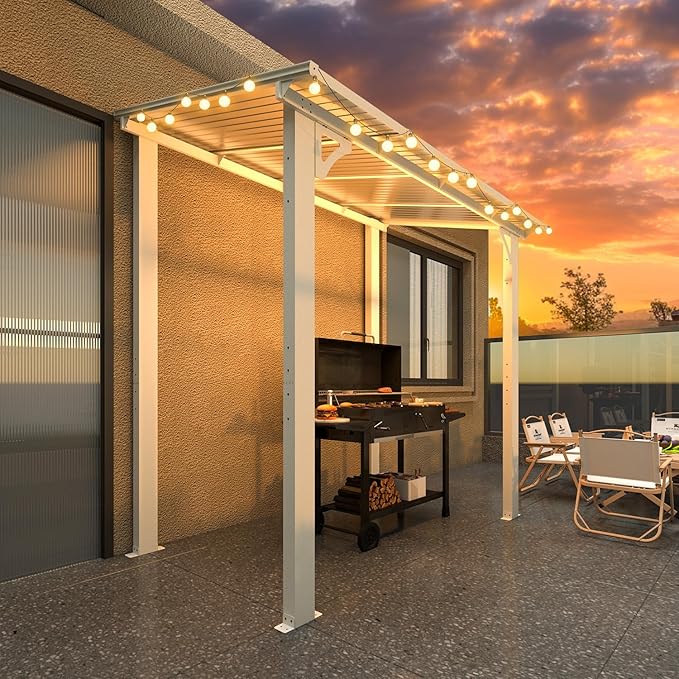 AECOJOY 8' x 5' White Gazebo Outdoor Pergola for Patio, Lean to Hard Top Grill Gazebo Shelter Pergolas and Gazebos Clearance with Roof, Small Wall-Mounted Heavy Duty Awnings for Patio, Decks, Backyard