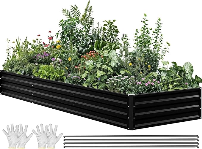 YITAHOME 144x48x12 in Galvanized Raised Garden Bed Kit, Large Metal Planter Box with Gloves, Safety Rubber & Support Rod, Outdoor Flower Bed for Plants Vegetables, Black