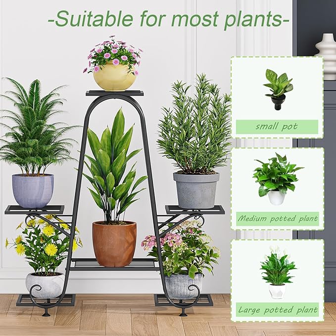 Plant Stand Indoor Outdoor Shelf Metal Holder Pot Rack Multiple Plants Stand Tall 6 Pot Flower Shelf Corner Living Room Garden,Black (Black, 6 Pots)
