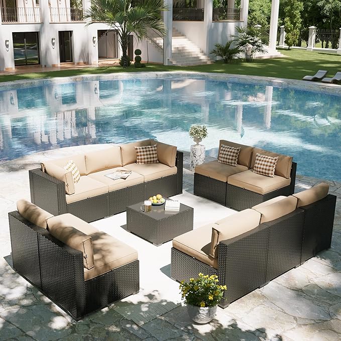 Aoxun Patio Furniture Set, 11 Piece Outdoor Sectional Sofas with Waterproof Cover, 10 Seats Wicker Rattan Outdoor Furniture Patio Conversation Set for Backyard, Garden Begin