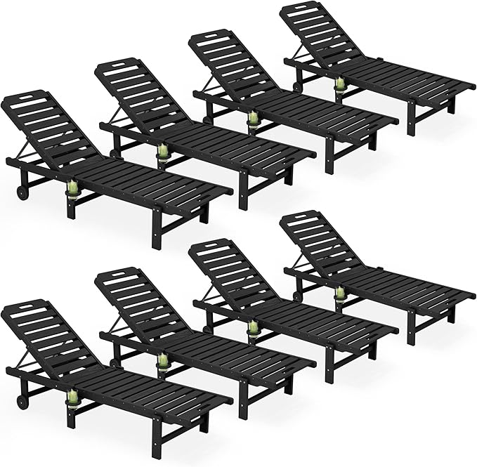 SERWALL Outdoor Chaise Lounge Set of 8, HDPE Pool Lounge Chairs with 5-Position Adjustable Backrest, Patio Loungers with Rolling Wheels & Cup Holder for Pool Sunbathing, Black